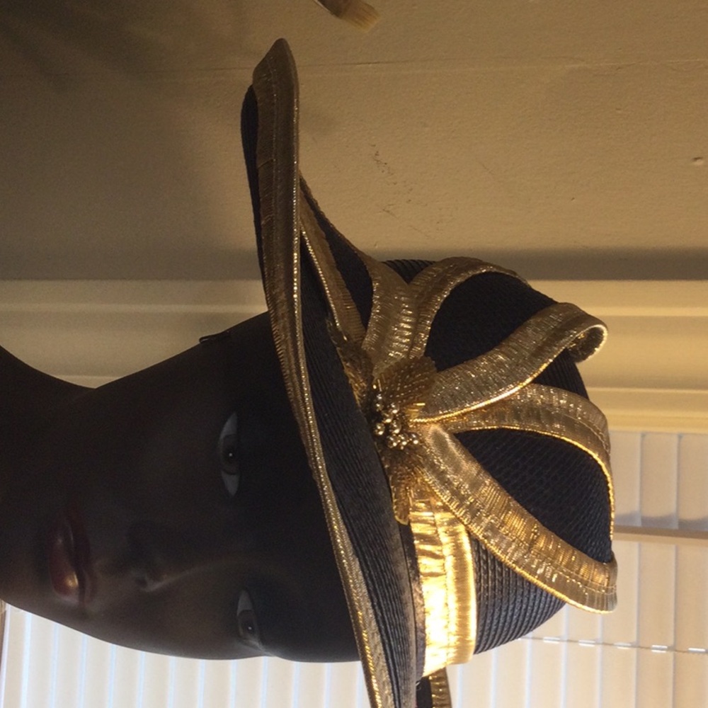 Vintage large brim black and metallic gold hat.